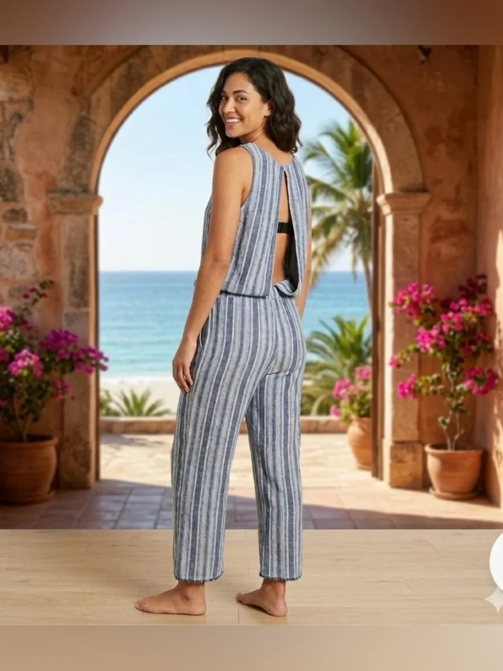 cloth & stone Blue and White Striped Sleeveless Tie-Waist Jumpsuit